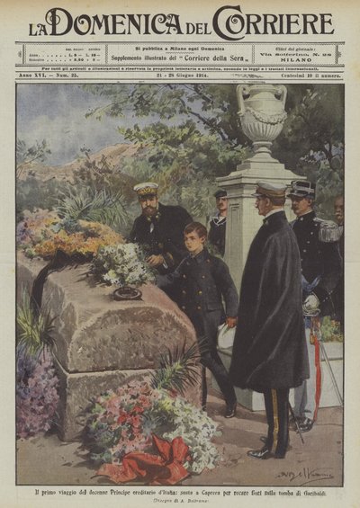 El primer viaje del príncipe heredero de Italia de diez años, parada en Caprera para llevar flores sobre de Achille Beltrame
